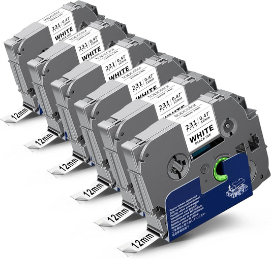 6-Pack Tze231 12mm Label Maker Tape Compatible for Brother P Touch Label Tape 12mm 0.47 White Tze-231 Tz231 Tze Tz 12mm 1/2" Laminated White for PT-D210 PT-D202 PT-D220 PT-D410 PTD600 PTD400