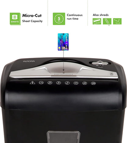 Aurora High-Security 8-Sheet Micro-Cut Paper Credit Card Shredder Black
