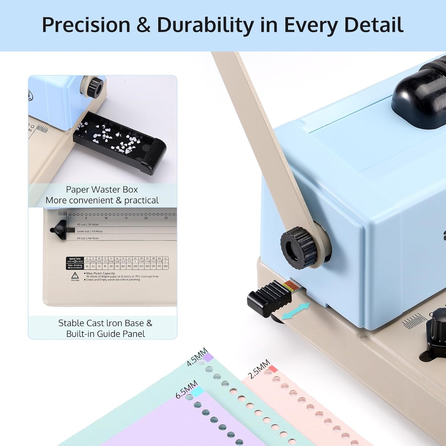 OFFNOVA Spiral Binding Machine, Spiral Coil Binder with Electric Coil Inserter, Easy to Punch Handle, Adjustable Side Margin, for Letter/A4/A5, Includes 100pcs 5/16" Plastic Coils & Crimper Plier