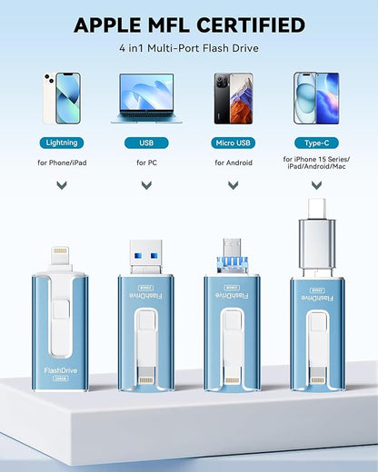 MFi Certified 256GB Flash Drive for iPhone iPad, Photo Stick for External Memory Storage, Easily Back Up and Save Photos Videos, 4 in 1 USB Memory Stick Thumb Drive for iPhone/iPad/Android/PC (Blue)