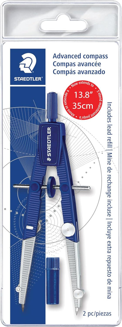 STAEDTLER Advanced Student Compass 2 Piece Set - Metal Compass with Quick-Set Center Wheel, Universal Adapter & Spare Lead, Draws Circles up to 10.25"