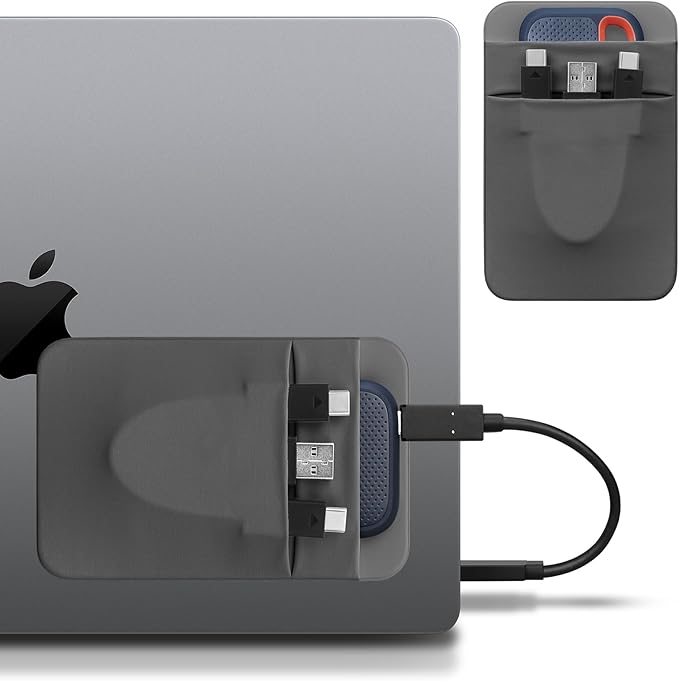 Lacdo Portable Hard Drive Sleeve for Laptop, 2-Pocket Stick on Pouch with Reusable Adhesive, for SanDisk, Samsung, Crucial, Portable External Solid State Drive SSD Hard Drive Carrying Case, Dark Gray