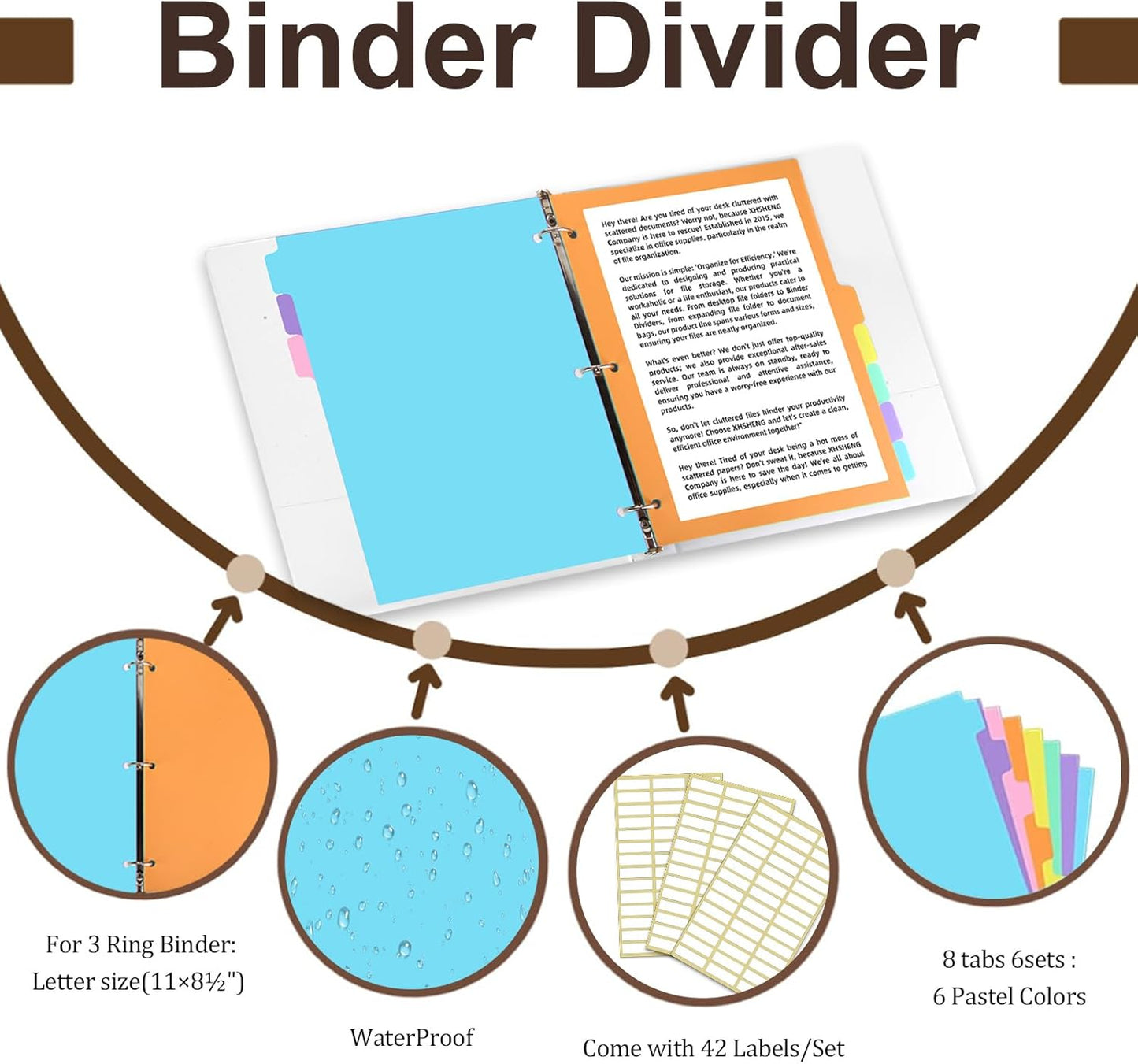 8-tabs 6 Set Binder Dividers with Tabs,Plastic Index with Label,Colorful Dividers for 3 Ring Binder (48)
