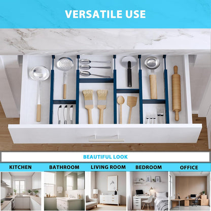 6 Pack Bamboo Drawer Dividers with 12 Inserts, Expandable Adjustable Clothes Drawer Organizers and Storage from 17" to 22" for Kitchen, Bedroom, Dresser, Cosmetics (Navy Blue)