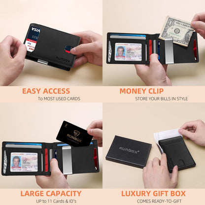 RUNBOX Slim Wallets for Men - Leather Money Clip Mens Wallet - RFID Blocking Front Pocket Bifold Wallet - Thin Credit Card Holder with Gift Box