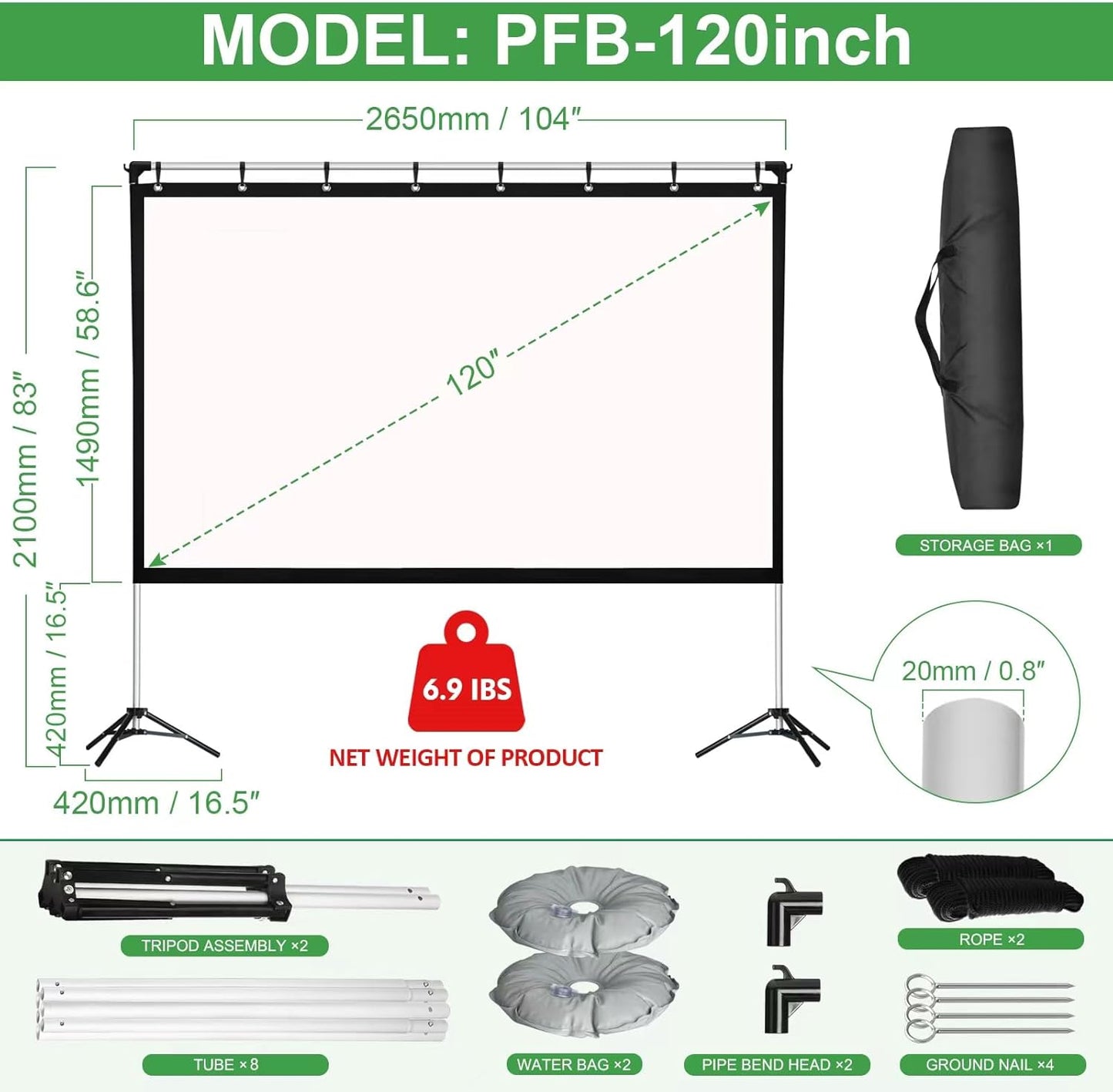 Projector Screen and Stand,120 inch Portable Outdoor Movie Screen,Clear Display and Sturdy Frame 16:9 Anti-Crease Rear Front Projection with Carry Bag for Movie Nights