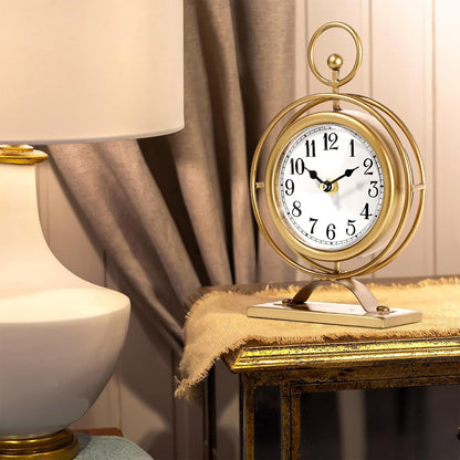 Vintage Table Clock on Stand, Decorative Metal Desk Clock, Small Antique Gold Silent Non-Ticking Battery Operated Farmhouse Shelf Table Clocks for Home Kitchen Bedroom Decor