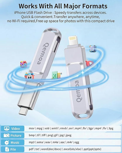 MFi Certified 256GB Flash Drive Photo Stick for iPhone, External Memory Photo Keeper Storage for Data Saver/Backup/Transfer Files/Picture/Video/iPhone/iPad/iOS/Android/PC (Gray)Available Space: ~244GB