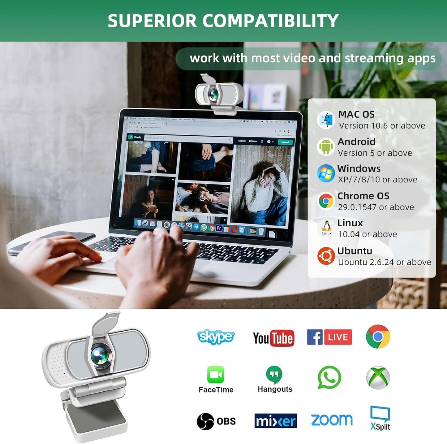 1080P Webcam with Mic, Pro Streaming Web Camera with Privacy Cover and Stand, Widescreen USB Computer Camera for PC Mac Laptop Desktop, Adapter Included