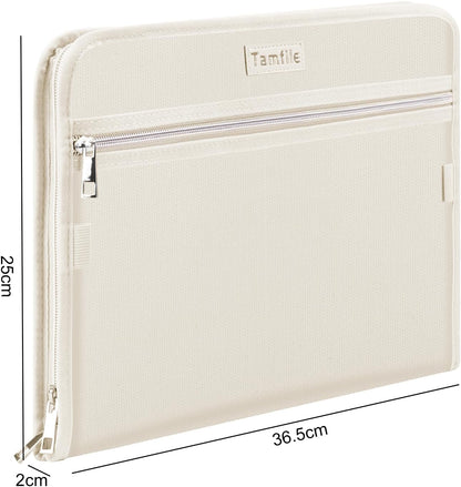 Fireproof Safe Waterproof Accordion File Bag Folder Expanding Filing Folder with 14 Multicolored Pockets, A4 Letter Size, Document Organizer Holder and Color Labels /2 Zipper (Beige 14.3" x 9.8")