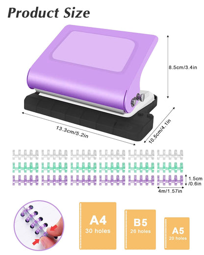 10 Hole Punch Binding Machine for Planners,Paper Puncher with Binder Rings,Punches Holes on B5,A4,A5 Paper,Metal Manual Binding System,Handheld Metal Circle Paper Puncher for Home Office Study,Purple
