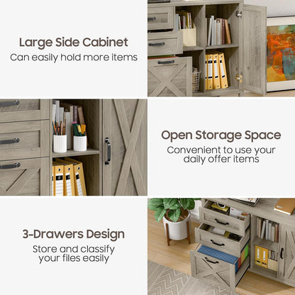 Lateral File Cabinet with 3 Drawers and Door, Farmhouse File Cabinet with Adjustable Shelf for Letter/A4 Size Hanging Files, Printer Stand with Storage Cabinet for Home Office Furniture, Grey