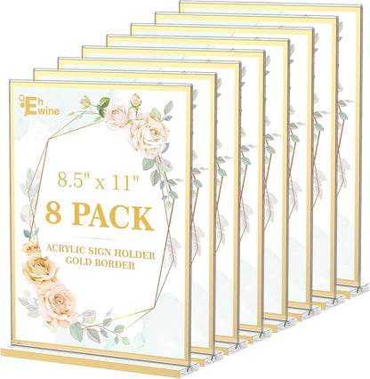 EHWINE 8 Pack Acrylic Sign Holder 8.5 x 11, Double-Sided Tabletop Gold Sign Holder, Clear Acrylic Picture Frame Menu Flyer Paper Holder Display Stand for Home Wedding Party (with Non-Slip Pads)