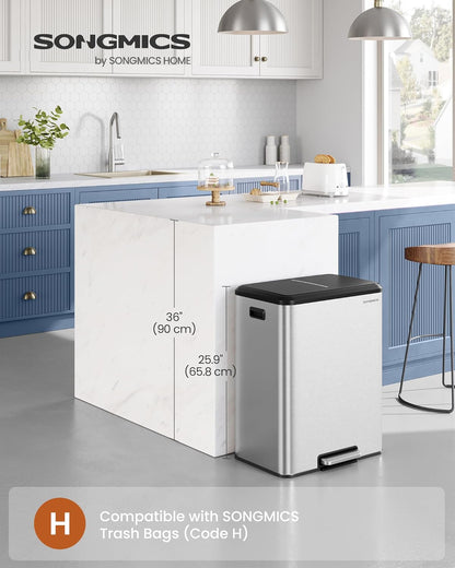 SONGMICS Trash Can, 2 x 8 Gallon (2 x 30 L) Double Garabge Can for Recycling and Waste, Stainless Steel, Soft-Close Lid, Inner Buckets, Wide Sturdy Pedal, Metallic Silver ULTB556E01
