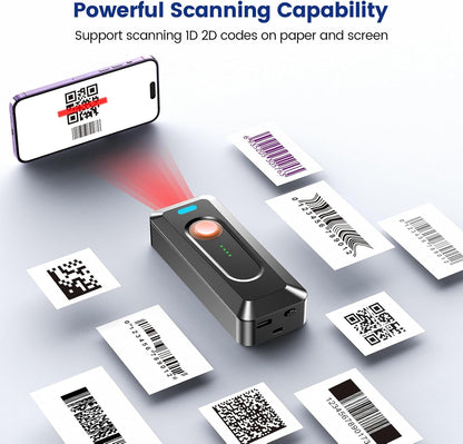 Eyoyo Portable 2D Bluetooth Barcode Scanner with Clip, 2000mAh Battery with Level Indicator, Wireless Mini 1D QR Bar Code Reader Compatible with Android, iPad, iPhone for Warehouse Inventory