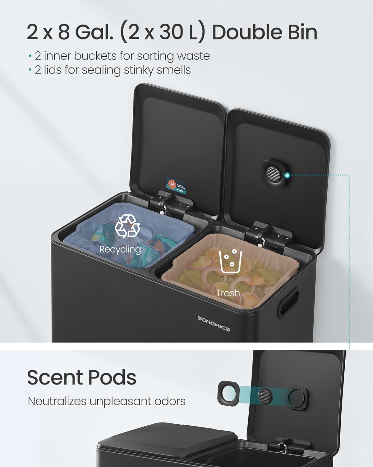 SONGMICS Trash Can, 2 x 8 Gallon (2 x 30 L) Double Garbage Can with Soft-Close Lids, Removable Inner Buckets, Pedals, Stainless Steel, for Waste and Recycling, Ink Black ULTB743B01