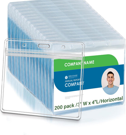 4x3 Inches Horizontal Badge Holder, Clear ID Card Holder with Waterproof Resealable Zip Type Protector, Badge Sleeve Fits Name Tag Holder/RFID/Proximity/Credit Card (200pcs-Horizontal)