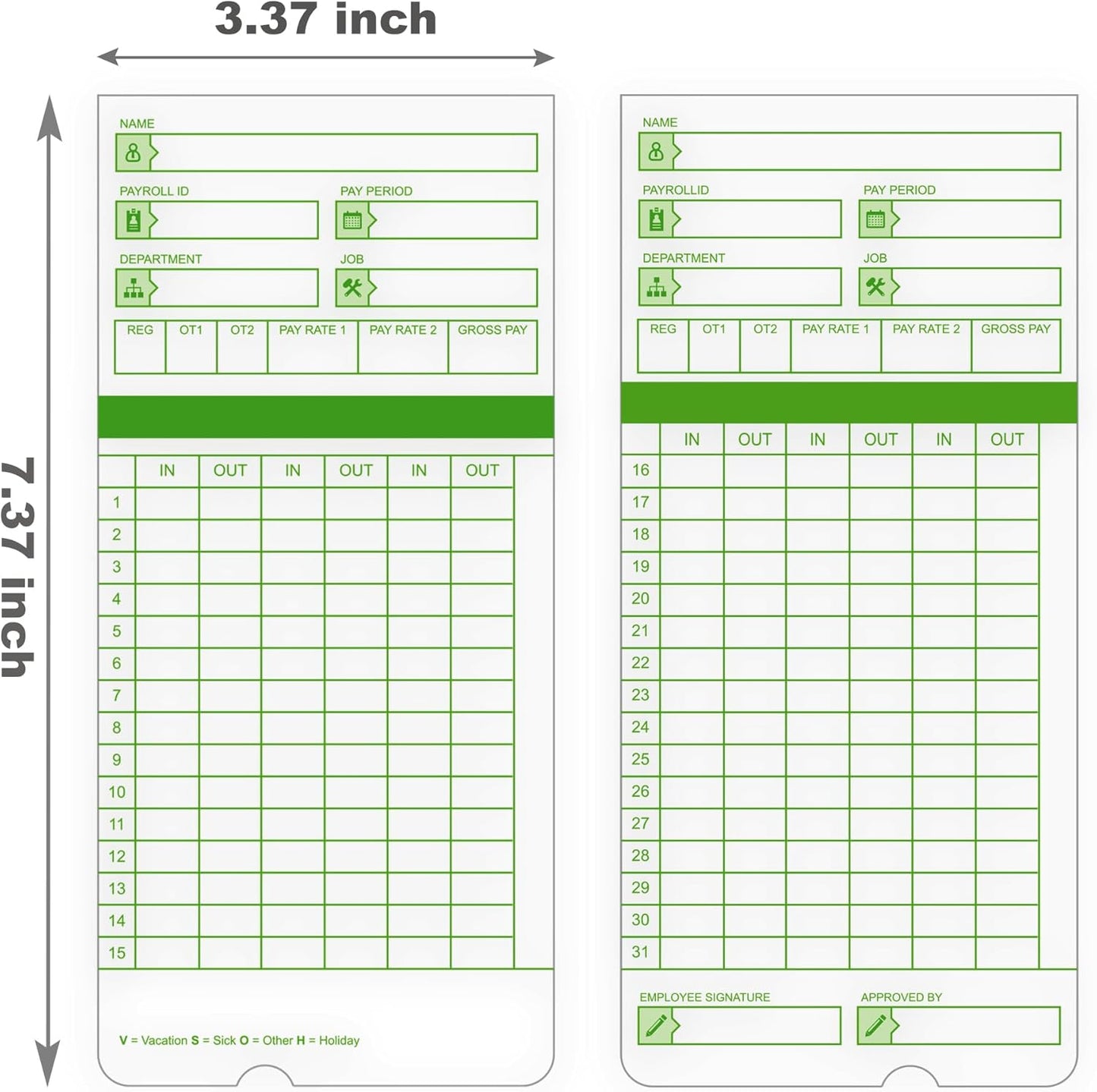 Time Cards for Employees Monthly,Numbered Days,All Pay Periods, 50 Count,2-Sided, 3 3/8" x 7 3/8",Green Print,Timecards for Time Clocks