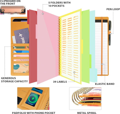Clipboard with Storage for Men Women, Leather Padfolio Portfolio Organizer 5 Folders with 10 Pockets, Spiral Clipboard Folio with Notepad for Letter Size, Elastic Closure and Pen Loop Flowers