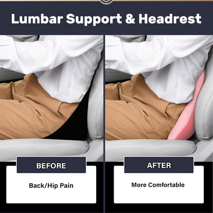 Coverado Lumbar Support and Car Neck Pillow, Ergonomic Memory Foam Desk Chair Cushion and Headrest Pillow for Car Office Chair, Sciatica & Neck & Tailbone Cushion-Pink