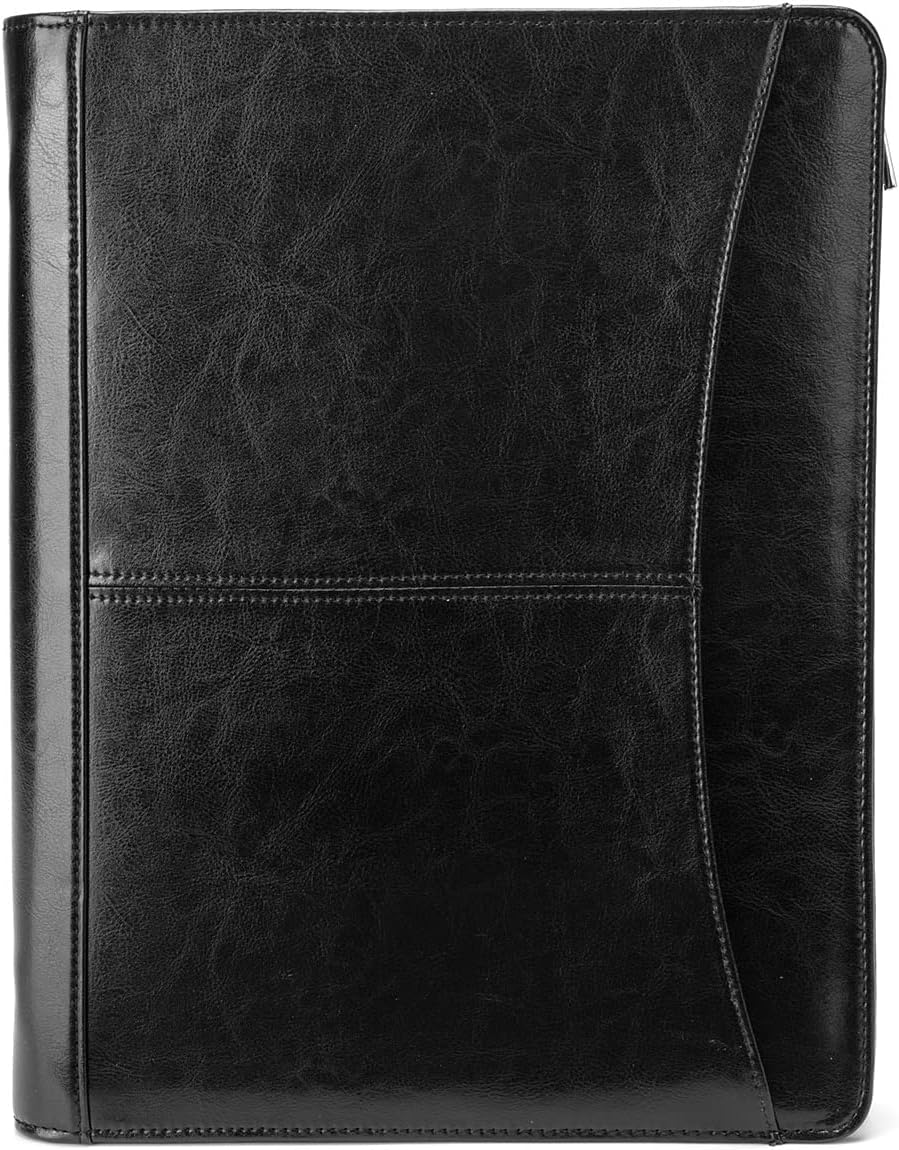 Vegan Leather Portfolio with Front Pocket for Men and Women, Zippered Padfolio Binder 8.5 x 11 Legal Pad Notebook Holder, Fits 13” Laptop, Professional Work File Case, Black