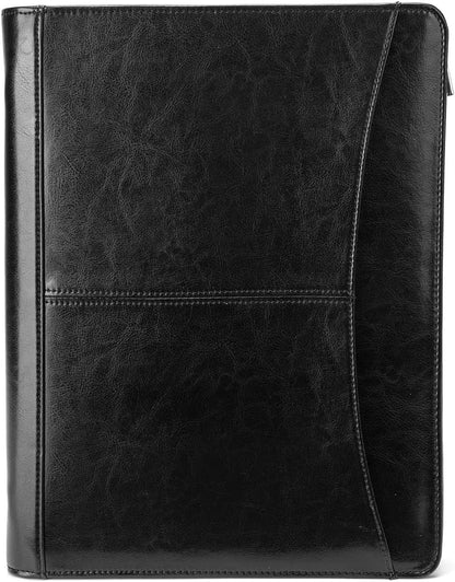 Vegan Leather Portfolio with Front Pocket for Men and Women, Zippered Padfolio Binder 8.5 x 11 Legal Pad Notebook Holder, Fits 13” Laptop, Professional Work File Case, Black