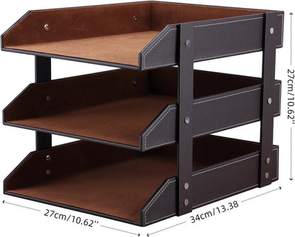 KINGFOM Letter Tray, Leather Paper Organizer Tray, Wooden Desk File Holder, Desktop File, Stackable Magazine Holder, Mail Sorter, Great for Home or Office - 3 Level Brown