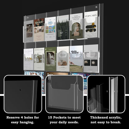 Acrylic Brochure Pamphlet Holder, 3 Magazine Holders and 12 Pamphlet Holders, Clear Brochure Display Holder Wall Mount, Trifold Flyer Rack, Literature Storage Rack for Home, Offices, Waiting Room