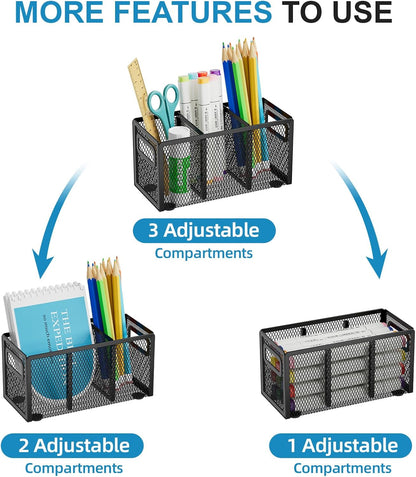Marbrasse 2P Mesh Pen Holder for Desk,Pencil Holder Desk Organizer 3 Adjustable Compartments,Pencil Cup with Handle Perfect for Classroom, Office, Home,Makeup,Art (Black)