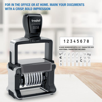 Trodat 5558 Professional Manual Numberer Stamp – 8 Digits, Self-Inking, 3/16" (5 mm) Characters, Black Ink