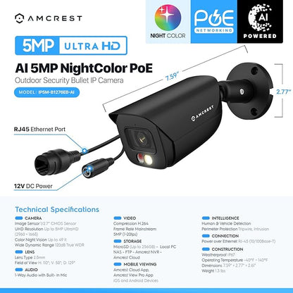 Amcrest 5MP IP PoE AI Camera w/ 49ft Color Night Vision, Security Outdoor Bullet Camera, Built-in Microphone, Human & Vehicle Detection, Active Deterrent, 129° FOV, 5MP@20fps IP5M-B1276EB-AI (Black)