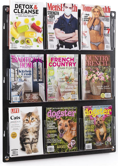 Displays2go Wall Mount Acrylic Brochure Holder, 9-18 Adjustable Pockets, Tiered Design - Black (2RP9BLK)