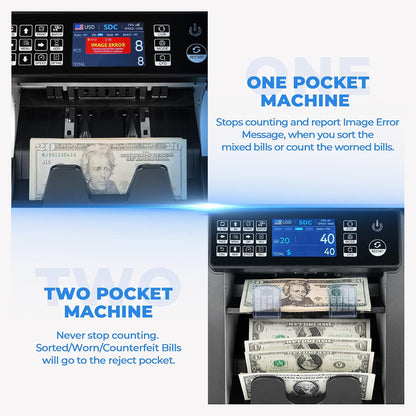 MUNBYN IMC08 Dual Money Counter Machine Mixed Denomination with Reject Pocket, Value Counting, Counterfeit Detection 2 CIS/UV/MG/IR, Sort&Print Enabled Cash Counter, Mixed Bill Counter (White)
