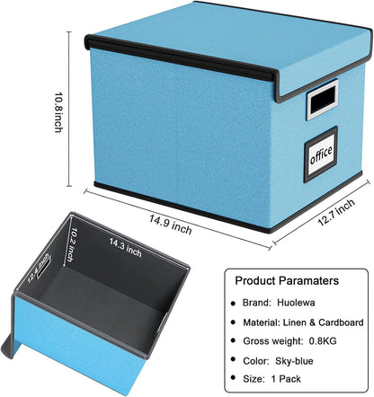 Huolewa Portable File Organizer Box Office Document Storage with Lid, Linen Hanging Filing Storage Boxes, Decorative Home/Office Filing System for File and Folders Storage (Sky-blue)