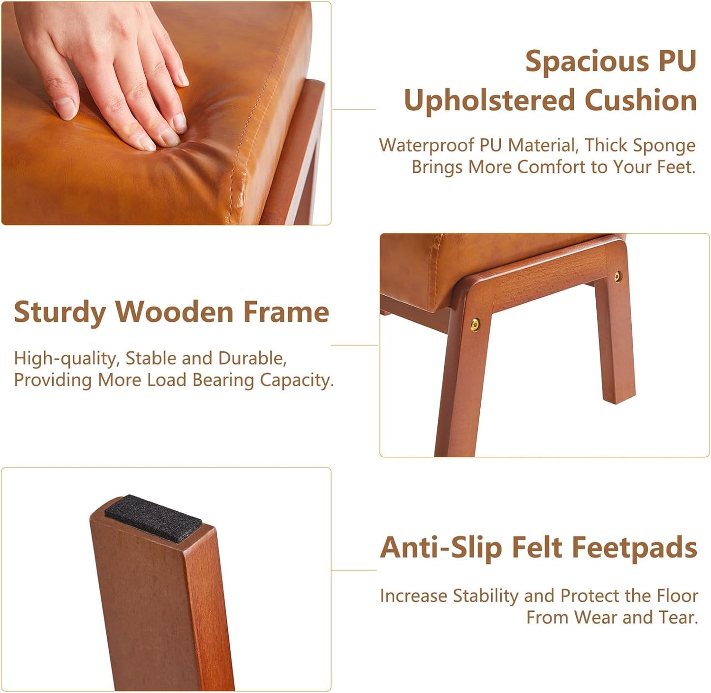 IBUYKE 10.2” H Small Foot Stool Ottoman, Rectangle PU Faux Leather Foot Rest with Padded Seat and Wood Legs, Modern Ottoman Foot Rest for Living Room Bedroom Couch Office, Yellowish-Brown WBD013J