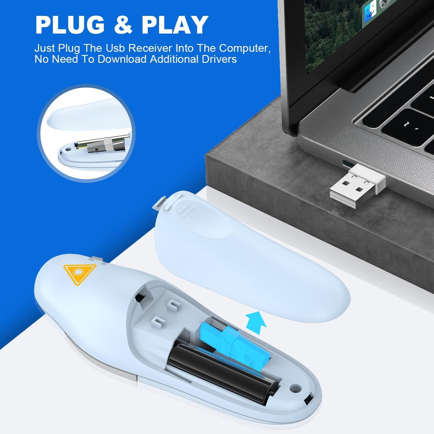 QUI Presentation Clicker Wireless Presenter Remote Clicker for PowerPoint Presentation Remote, PowerPoint Slide Advancer for Mac/Windows/Linux, Google Slide/PPT/Keynote, Type-c Blue