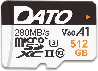 DATO 512GB Lightning microSD Card, UHS-II, A1, C10, U3, V60, Full HD, 4K, Up to 280/180 MB/s microSDXC Memory Card with Adapter, for Phones, Cameras, Portable Gaming Devices