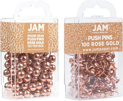 JAM PAPER Colorful Push Pins - Flat & Round Head Thumb Tack Combo Set - Rose Gold Pushpins - 200/Pack
