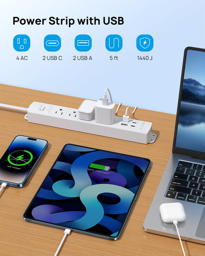 TROND Flat Plug Power Strip USB-5ft Flat Extension Cord Surge Protector Wall Mount, 2 Type C & 2 USB A Ports with Multiple Outlets, 1440J, 1625W for Office Supplies Dorm Room Essentials, White
