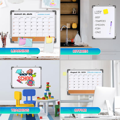 Monthly Calendar Whiteboard Dry Erase Cork Board Combination for Wall, 24"x18" Magnetic Dry Erase Board, Double-Sided White Board, Portable Board for Office, Kitchen, Planning, Memo, School, Home