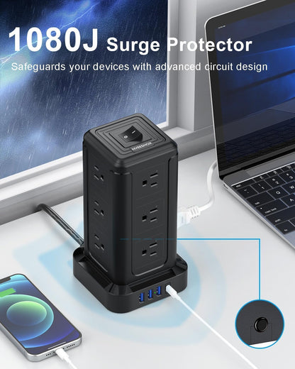 NVEESHOX Surge Protector Power Strip Tower, 10 FT Flat Plug Extension Cord with 12 AC Outlets 4 USB Ports(20W PD Type C), Charging Station with Surge Protection for Family, Office, Dorm