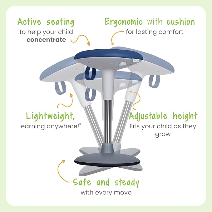 Kids Wobble Stool Ages 7–12; Adjustable Height Wobble Stool for Classroom Seating with Soft, Easy-to-Clean New Fabric Cushion; Flexible Wiggle Chair for Focus & ADHD + Bonus Visual Timer (Ocean Blue)