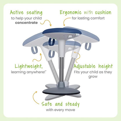 Kids Wobble Stool Ages 7–12; Adjustable Height Wobble Stool for Classroom Seating with Soft, Easy-to-Clean New Fabric Cushion; Flexible Wiggle Chair for Focus & ADHD + Bonus Visual Timer (Ocean Blue)