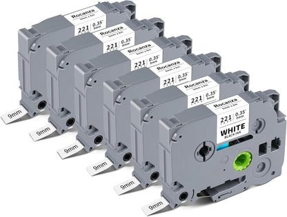 TZe-221 TZ Tape 9mm 0.35 Laminated White Compatible with Brother Label Maker Tape TZe-221 PTouch 3/8" Work with Brother PTouch D220 PTD210 PTH110 PTH111 PTP710BT PTD400 Cube, 6-Pack