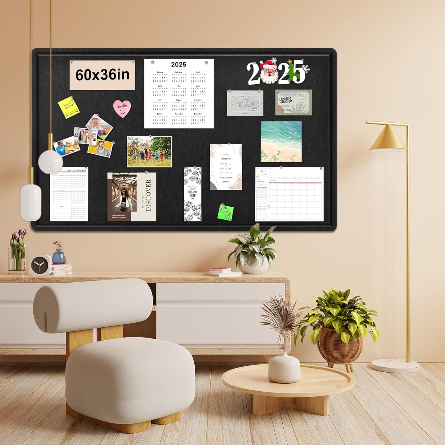 Large Bulletin Board - 60 x 36 Inches, Foldable Decorative Felt Board for Wall Photo Display Board with Self-Adhesive Tape, Includes 36 Push Pins - Black