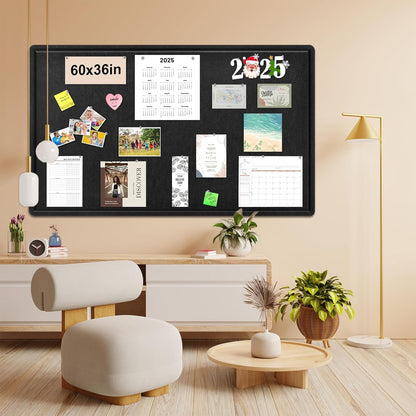 Large Bulletin Board - 60 x 36 Inches, Foldable Decorative Felt Board for Wall Photo Display Board with Self-Adhesive Tape, Includes 36 Push Pins - Black