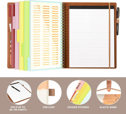 Clipboard with Storage for Men Women, Leather Padfolio Portfolio Organizer 5 Folders with 10 Pockets, Spiral Clipboard Folio with Notepad for Letter Size, Elastic Closure and Pen Loop Brown