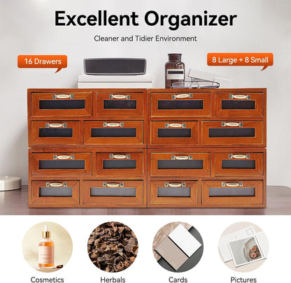 Vintage Drawer Wooden Drawers Organizer, 16-Drawer Desktop Organizer With Drawers, Iron Label Holders, Brown, For Store Cosmetics, Files, Books, Letters, Papers, Magazines (16-Drawer/Brown2)