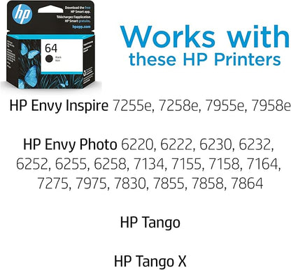 HP 64 Black Ink Cartridge | Works with Envy Inspire 7250e, 7950e; Envy Photo 6200, 7100, 7200, 7800, 7900; Tango Series | Eligible for Instant Ink | N9J90AN