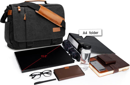 ESTARER Men Messenger Bag 15.6 inch, Water-resistant Canvas Computer Work Bag, Laptop Shoulder Bag Briefcase Satchel, Dark Grey